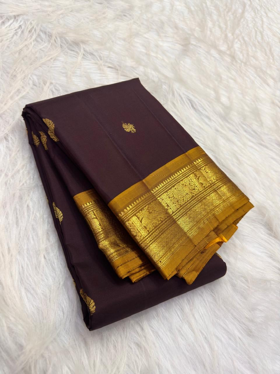 Deep Aubergine Jamun Handwoven Pure Silk KanchiPattu Saree with Petite Zari Buttas and Antique Gold Border