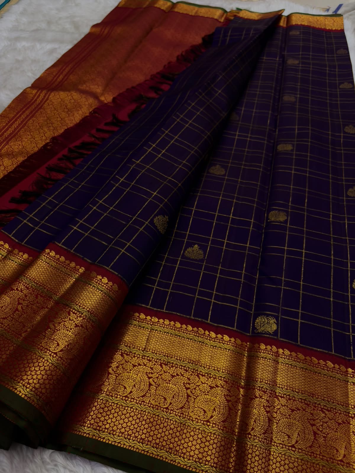 Vintage Aubergine Handwoven Pure Silk KanchiPattu Saree with Zari Kattam and Arakku Red Korvai Mayil Border