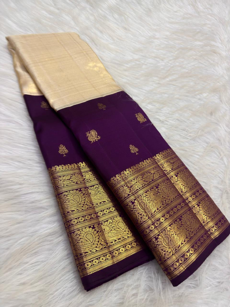 Deep Aubergine Purple Pure Silk Kanchipuram Butta saree.