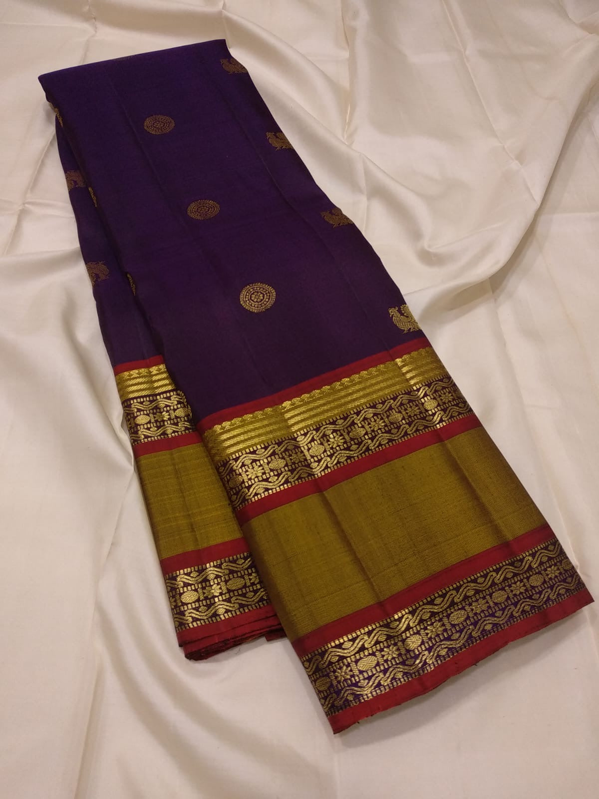 Aubergine purple and ponvandu muted yellow rettapet korvai Kanchipuram silk saree with kamalam and mayil butta — Idam Living