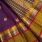 Close view of aubergine purple Kanchipuram silk saree body with alternating kamalam and mayil butta in gold zari — Idam Living