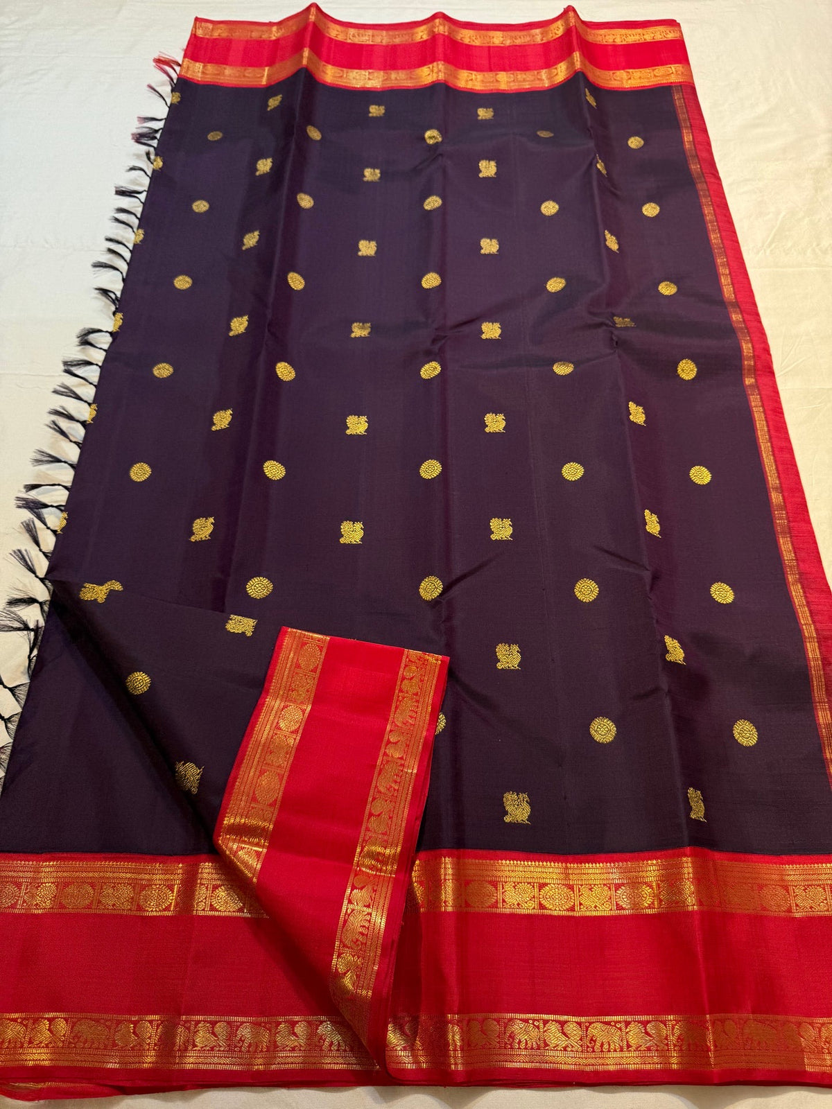 Aubergine Red Kanjivaram silk saree zari border