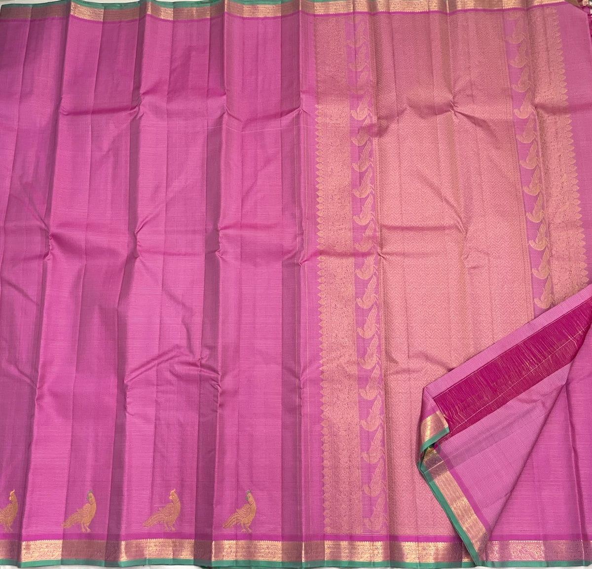 Orchid pink handwoven pure silk Kanchipuram Vairaoosi saree with Kili parrot motifs and mint green selvedge — Idam Living