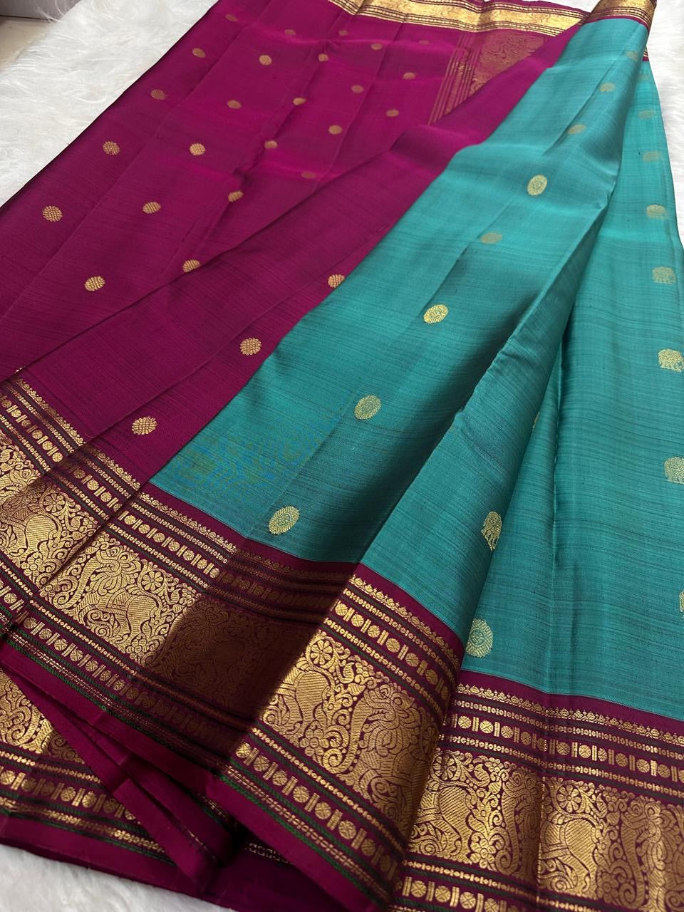 Authentic KanchiPattu Butta saree – intricate zari border panels — Idam Living