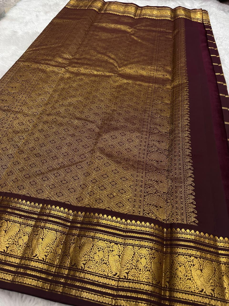 Authentic Kanjeevaram lightweight silk saree in deep cinnamon brown