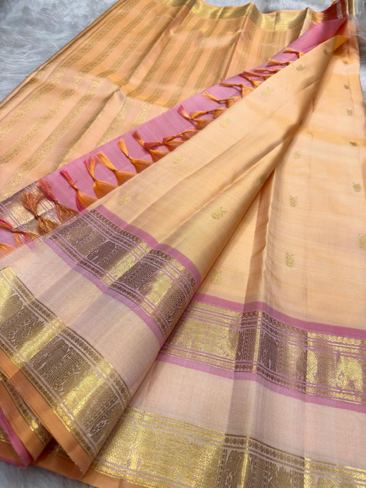 Peach Blush Handwoven Pure Silk Kanchipuram Rettapet Saree with Pink Border – view 1
