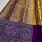 Antique gold handwoven pure silk Banarasi-Kanchipuram fusion saree with Kathiripoo purple, gold zari latticework and elephant medallions