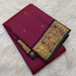 Pallu moving from aubergine-plum into burnished gold with dense floral zari lattice on raspberry red Kanchipuram saree
