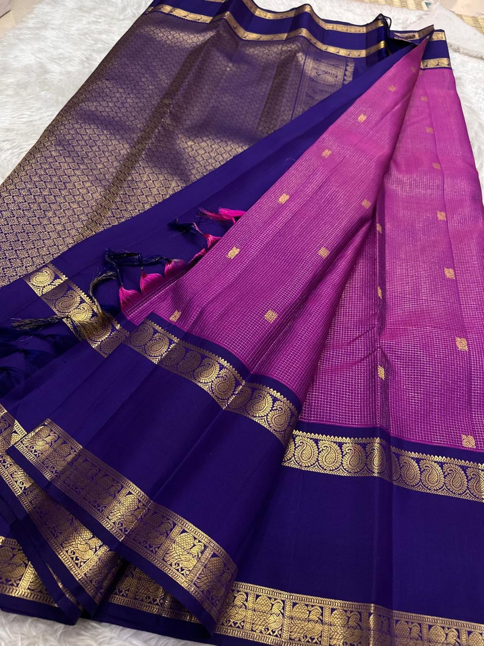 Radiant Orchid Pink and Royal Blue vintage pure silk Kanchipuram Rettapet saree, grand zari pallu, handwoven zari and ornate border
