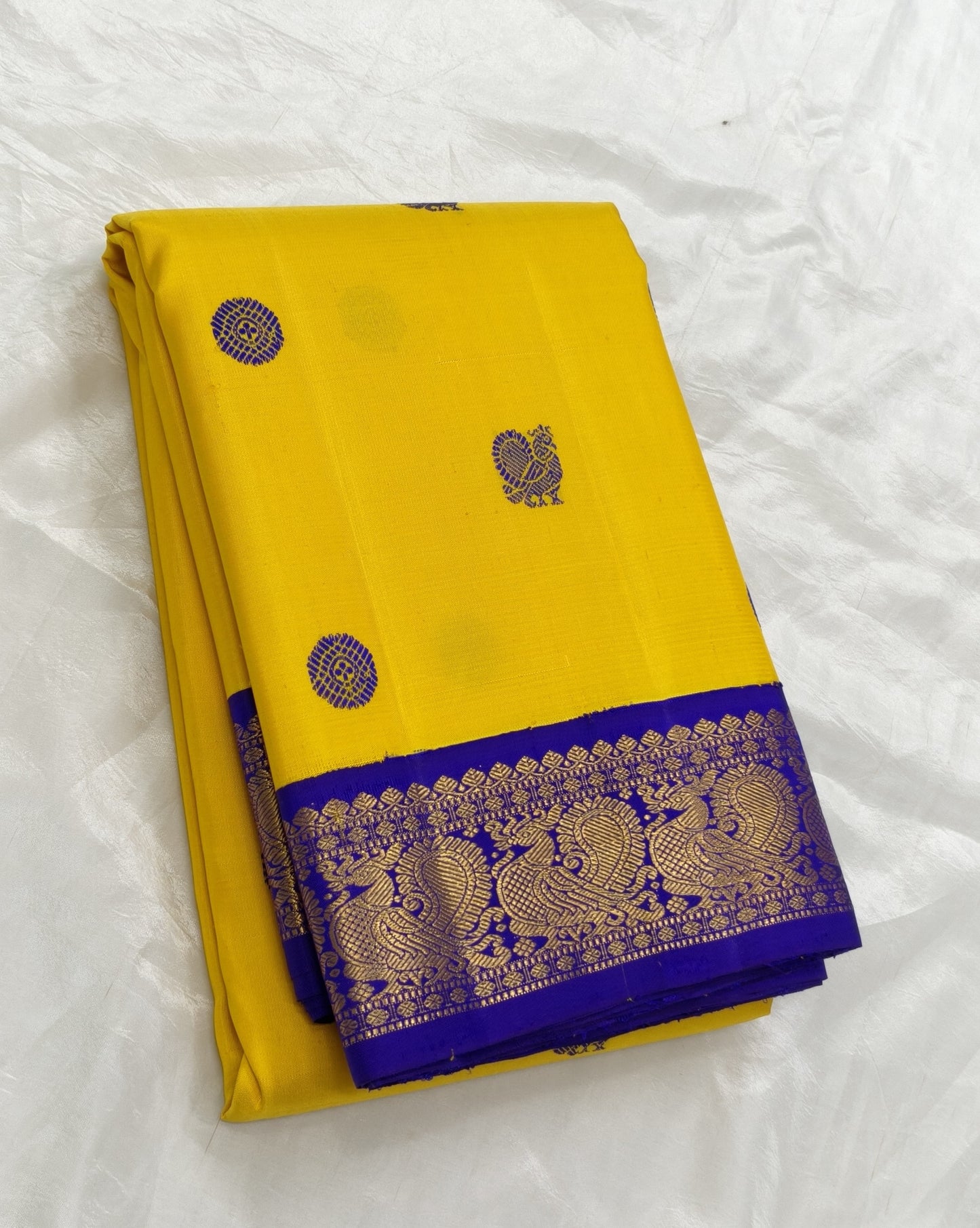 Sunflower Yellow and Royal Violet Handwoven Pure Silk Kanjeevaram Saree with Silk Thread Mayil Chakram Butta