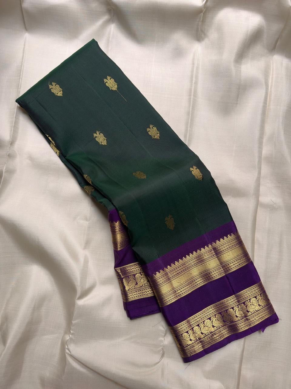 Deep Green Rettapet pure silk Kancheepuram saree with Royal Purple border, handwoven by Idam Living – view 1