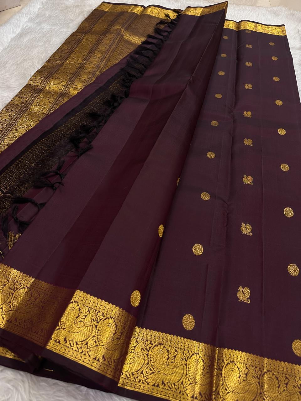 Pure silk Kanchivaram saree with ornate Annapakshi motifs woven in antique gold zari