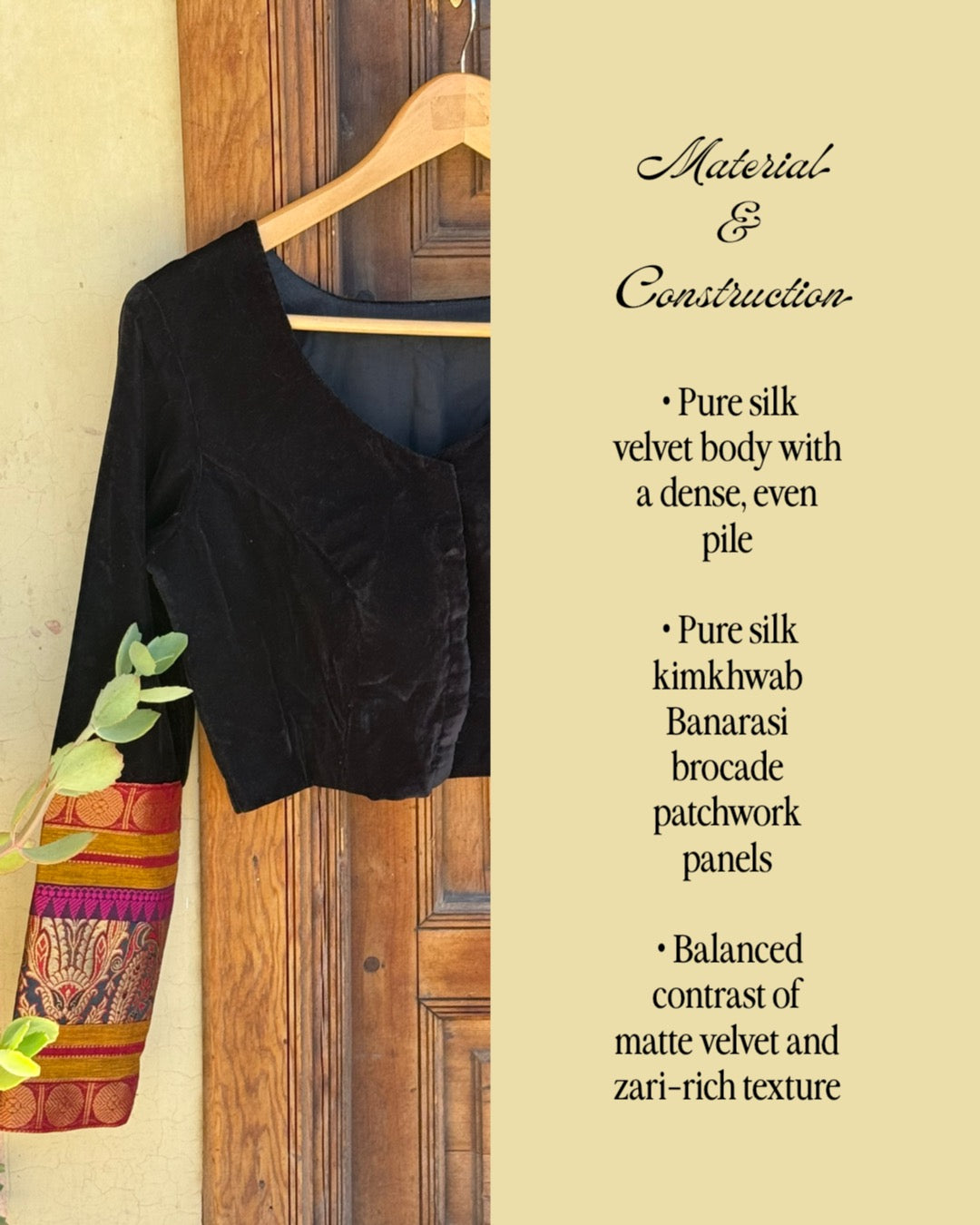 Banarasi Kimkhwab silk sleeve detail on black velvet blouse