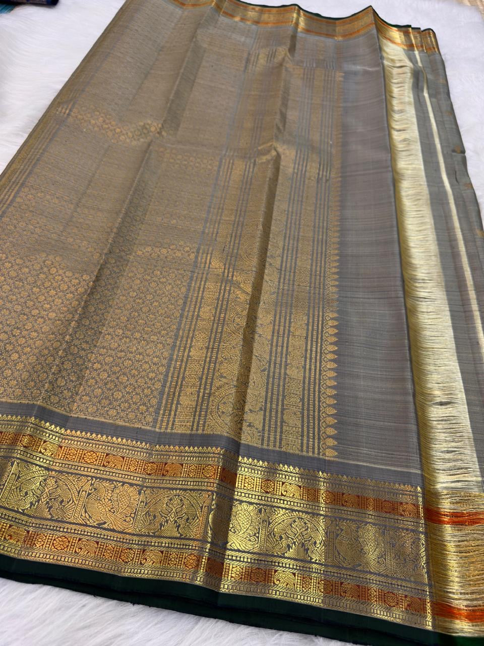 Warm Sand Beige pure silk Kanchipuram saree — gold butta