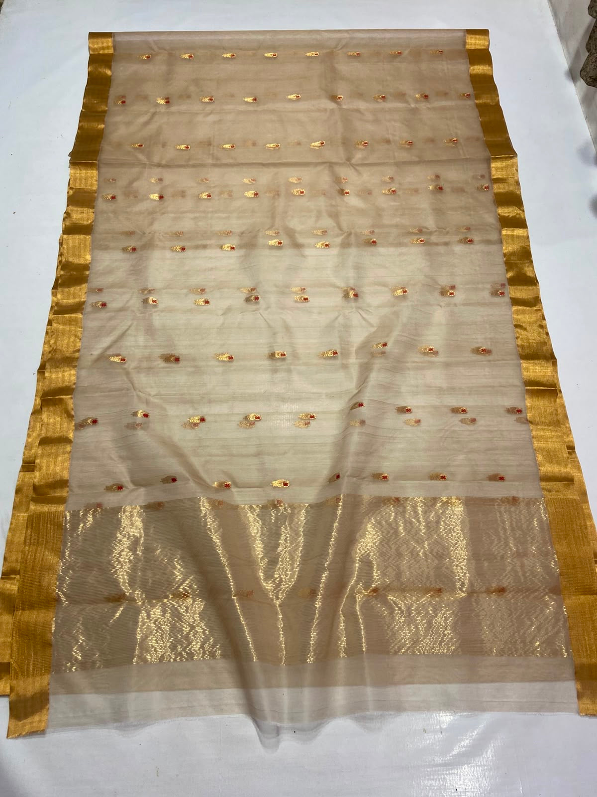 Sandalwood Beige handloom Katan Silk Chanderi saree pallu with broad gold woven panel and oversized floral forms.