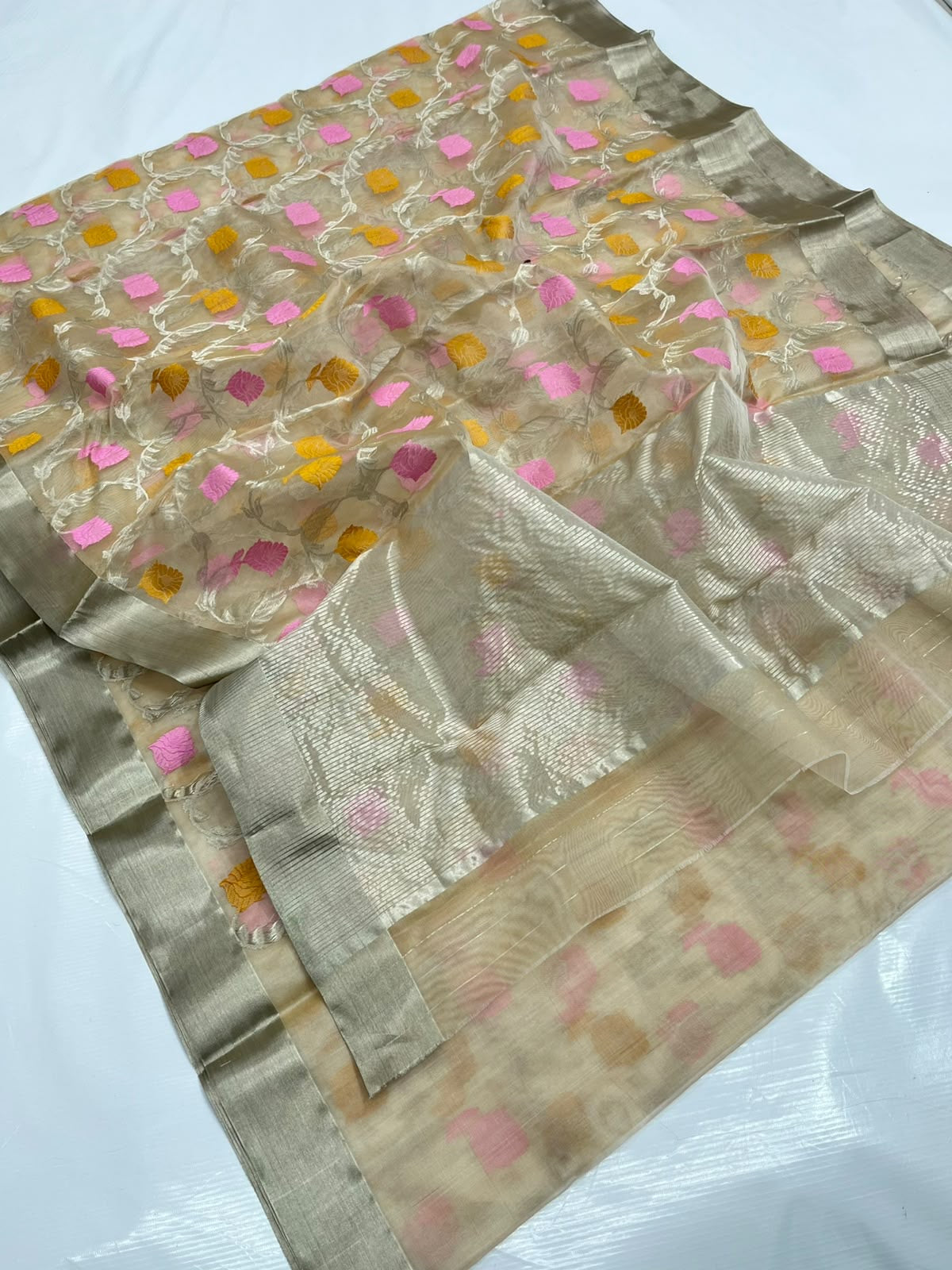 Champagne beige Chanderi handloom saree from Idam Living