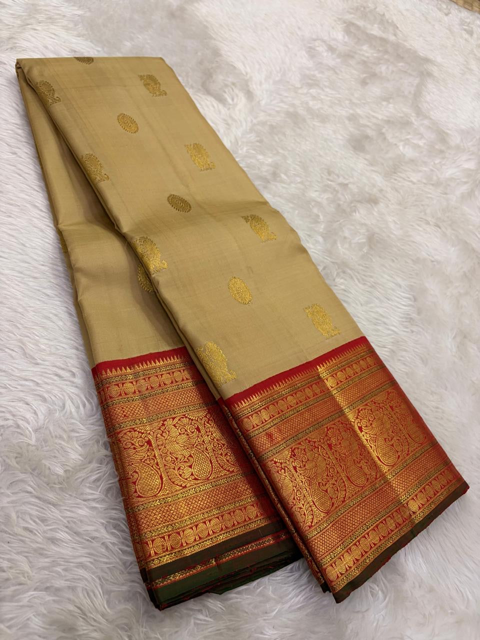 Warm Beige and Deep Vermillion Handwoven Pure Silk Kanchipattu Saree with Varisaipet Sorgavaasal Mayil Border