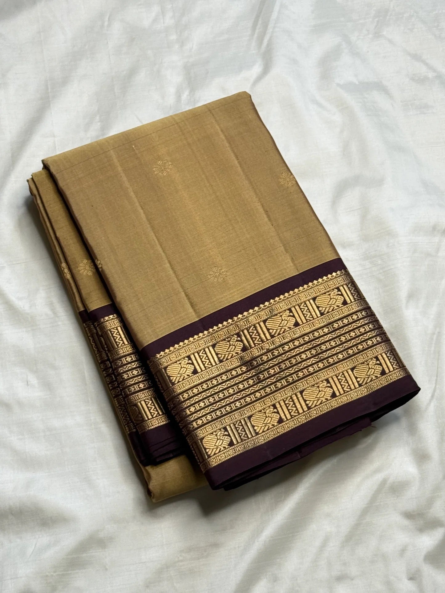 Deep plum varisaipet border with gold zari rows on antique gold Kanchipuram silk saree — Idam Living
