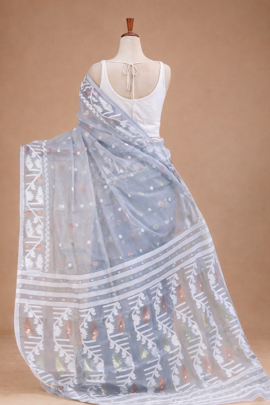 Pure Jamdani Cotton Silk Saree Off White and Grey Handloom Bengal Weave with Woven Buttas