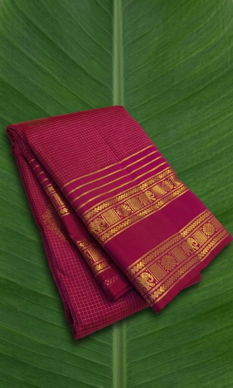 Pure Kanchipuram Zari Kattam silk saree in berry magenta with rani pink border and antique gold weaving