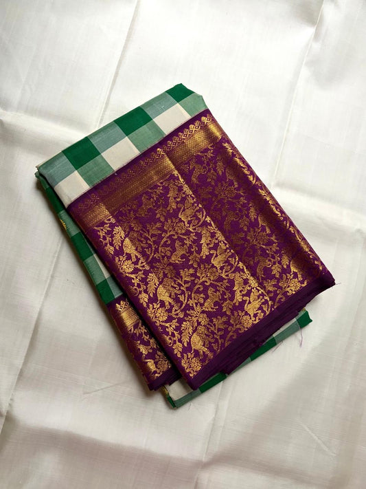Betel Leaf Green Checked Handwoven Pure Silk Kancheepuram Saree with Deep Plum Korvai Vanasringaram Pallu