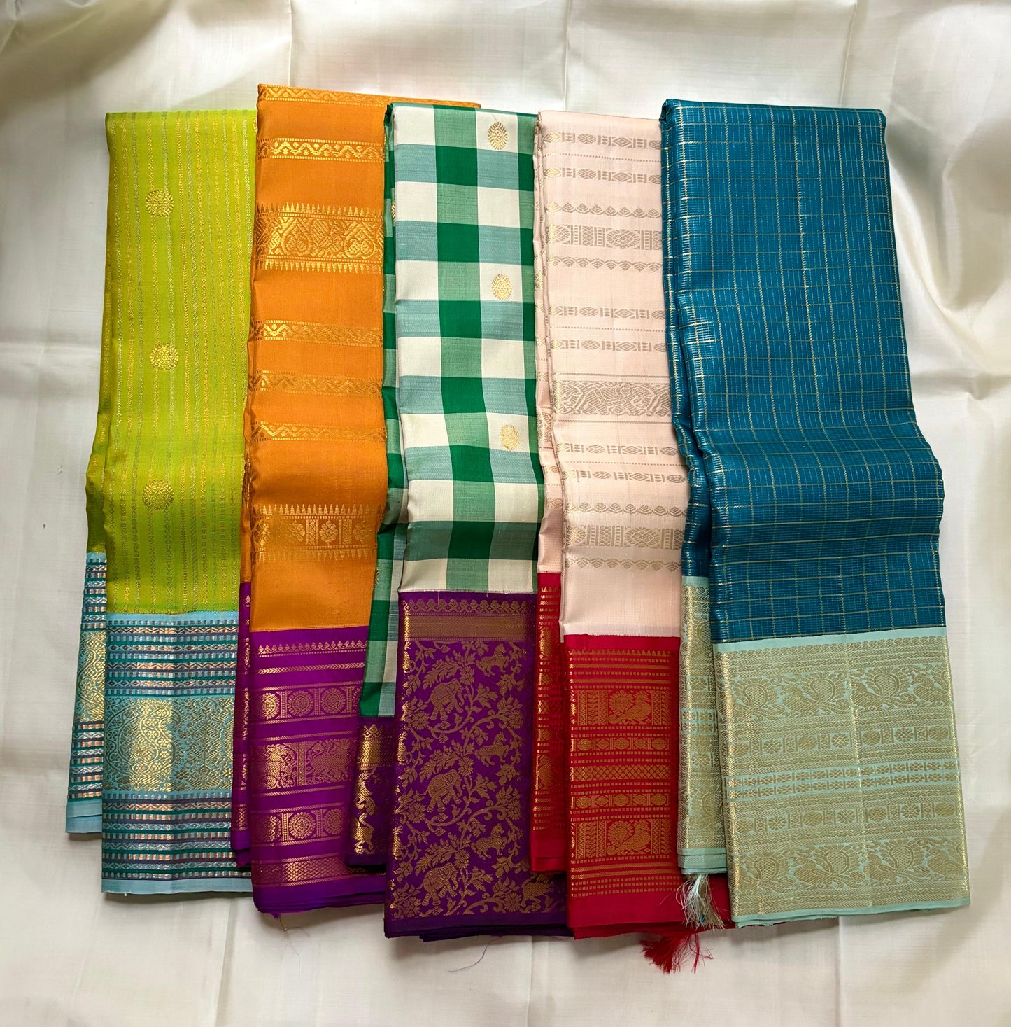 Betel Leaf Green Checked Handwoven Pure Silk Kancheepuram Saree with Deep Plum Korvai Vanasringaram Pallu