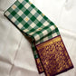Betel Leaf Green Checked Handwoven Pure Silk Kancheepuram Saree with Deep Plum Korvai Vanasringaram Pallu