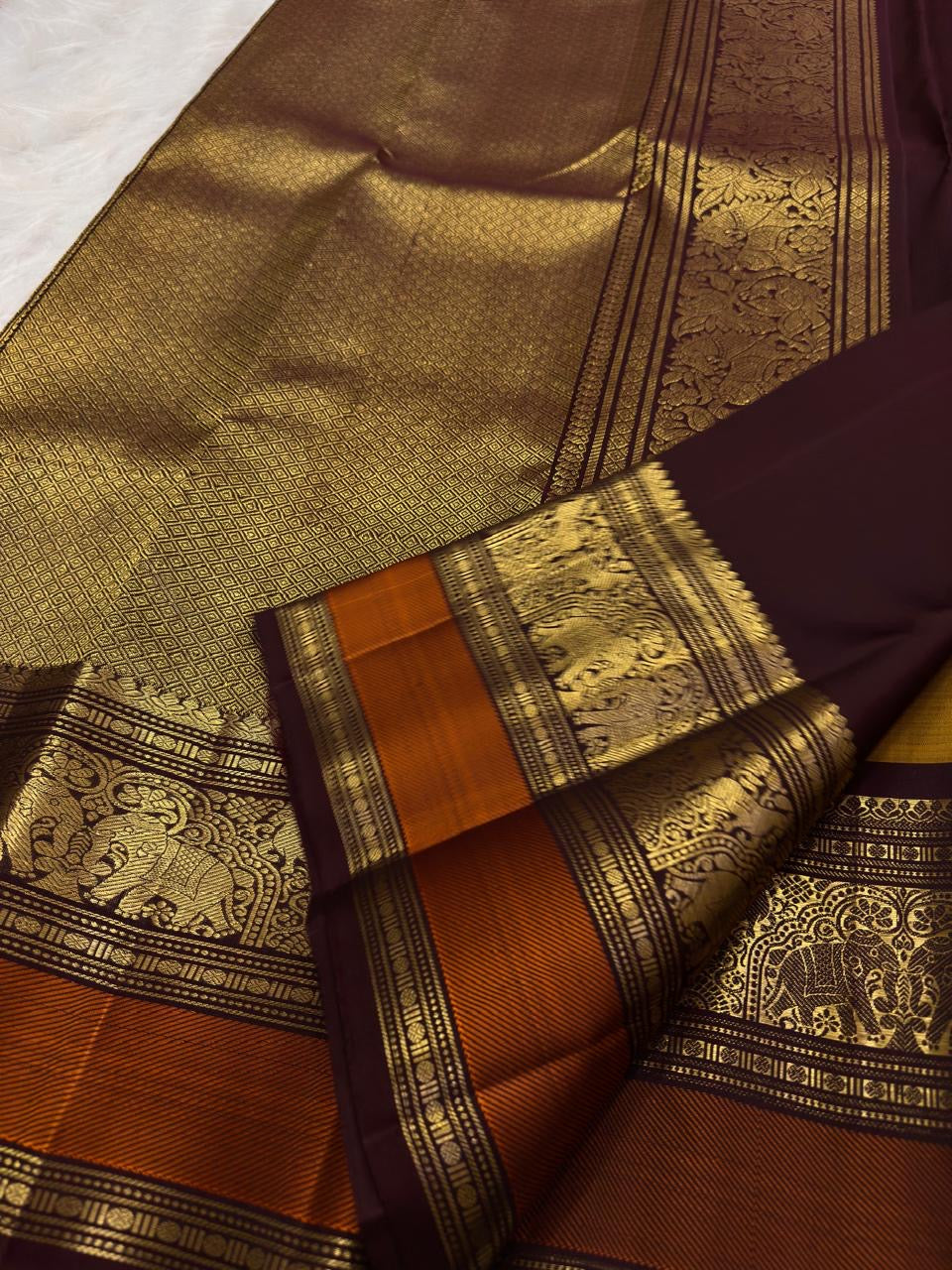Biscuit Brown pure silk KanchiPattu saree, Butta weave with Deep Aubergine border — additional detail view