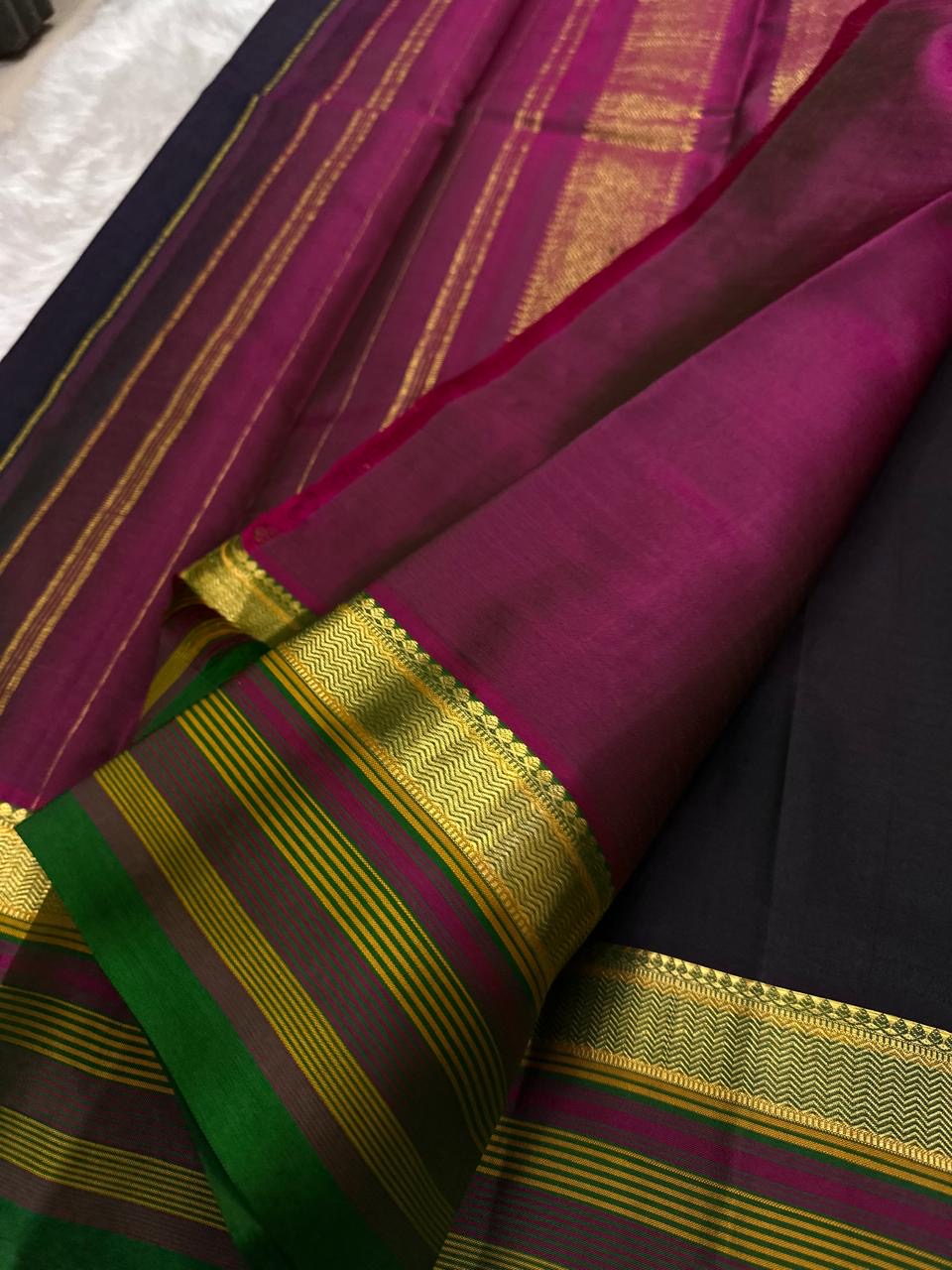 Handwoven black lightweight pure silk Kanjivaram.