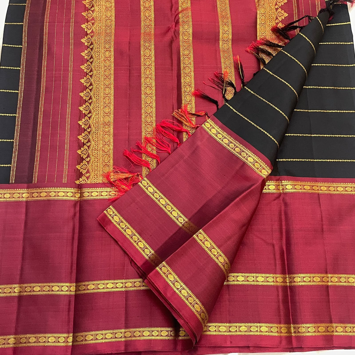 Black and Arakku red Rettapet Pure Silk Kanjipuram saree with Veldhari zari lines