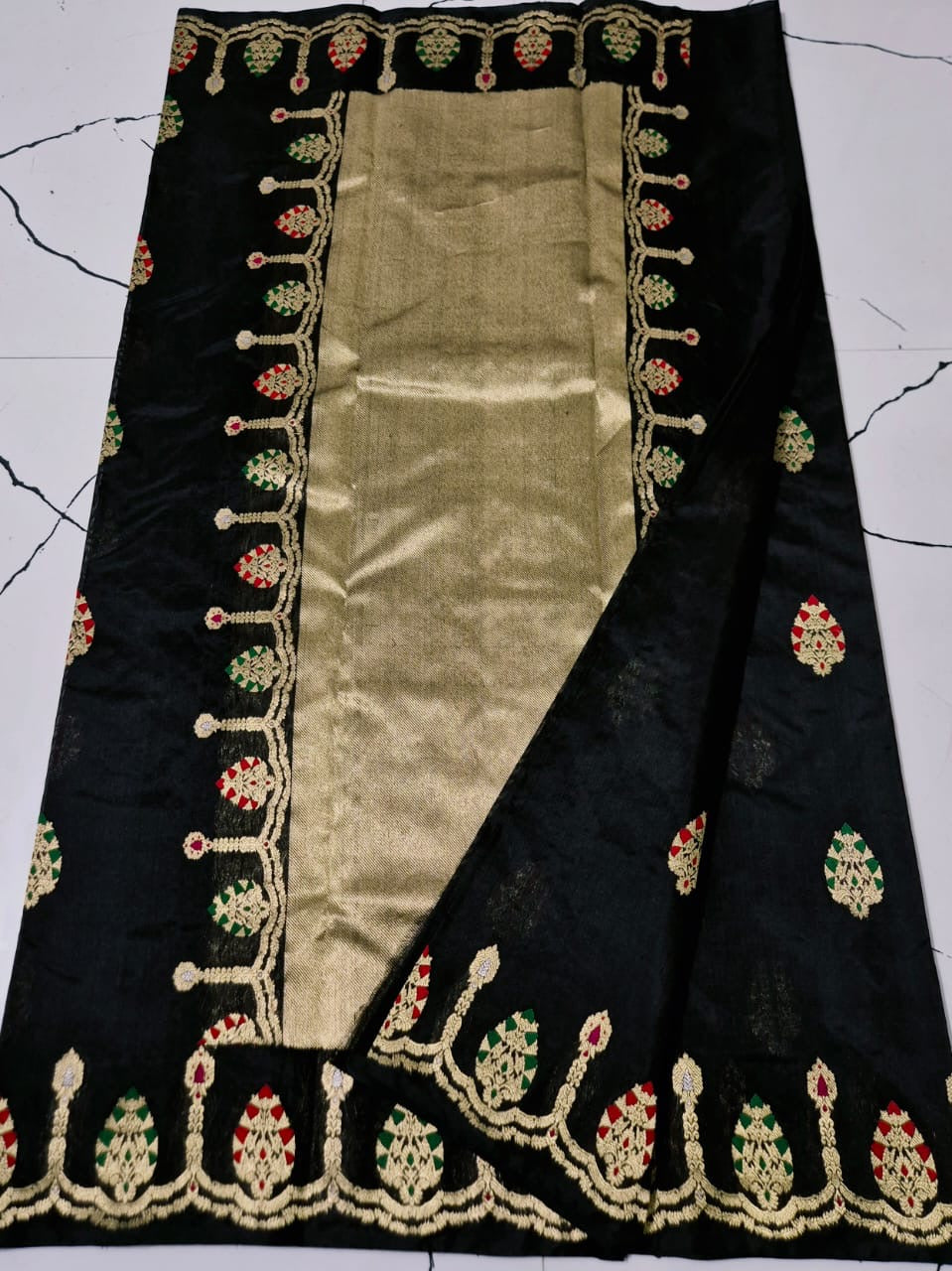 Full Black Pattu Silk Chanderi saree with green red woven motifs, detailed border and metallic pallu