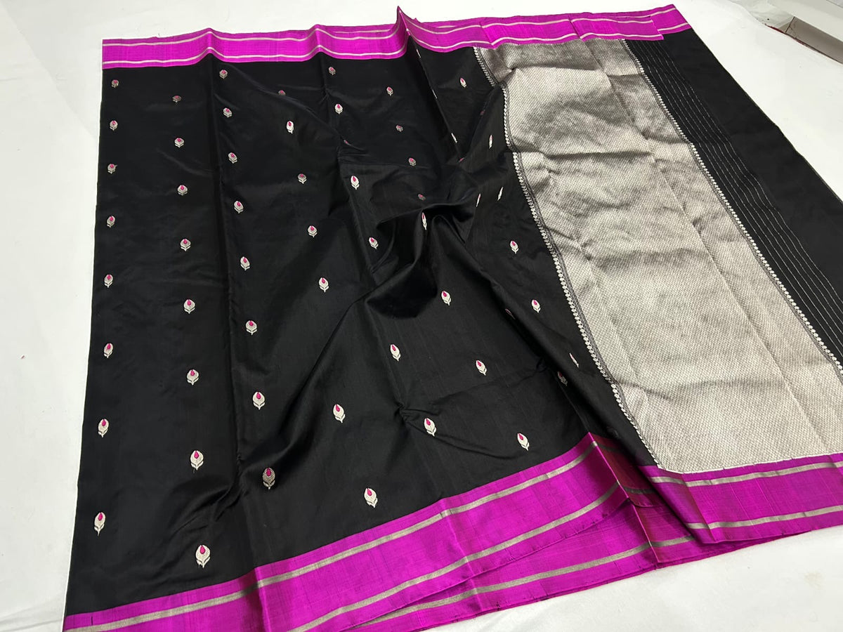 Black Chanderi saree with pink accented floral buttas