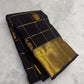 Folded black kanchipuram silk saree with gold zari checks and wide gold border