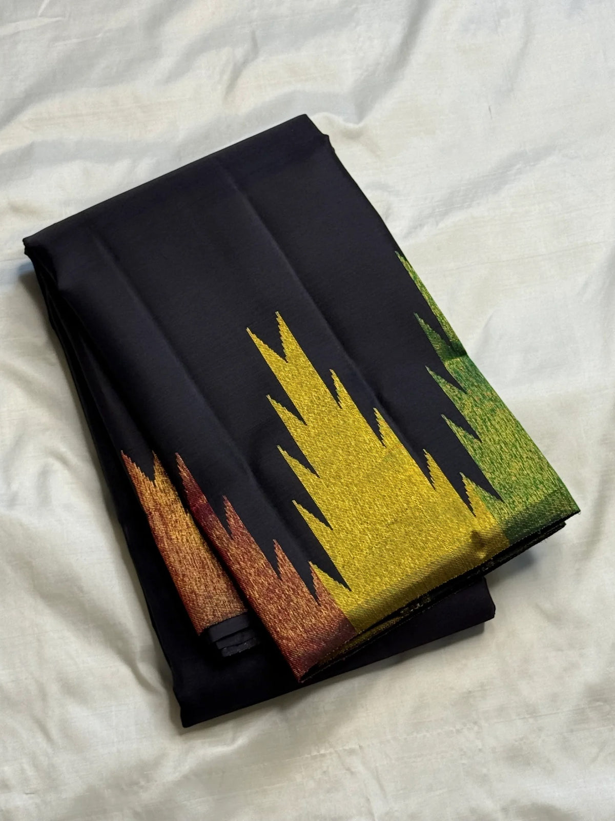 Black Ettukol Kanchipuram silk saree with multicolour detail