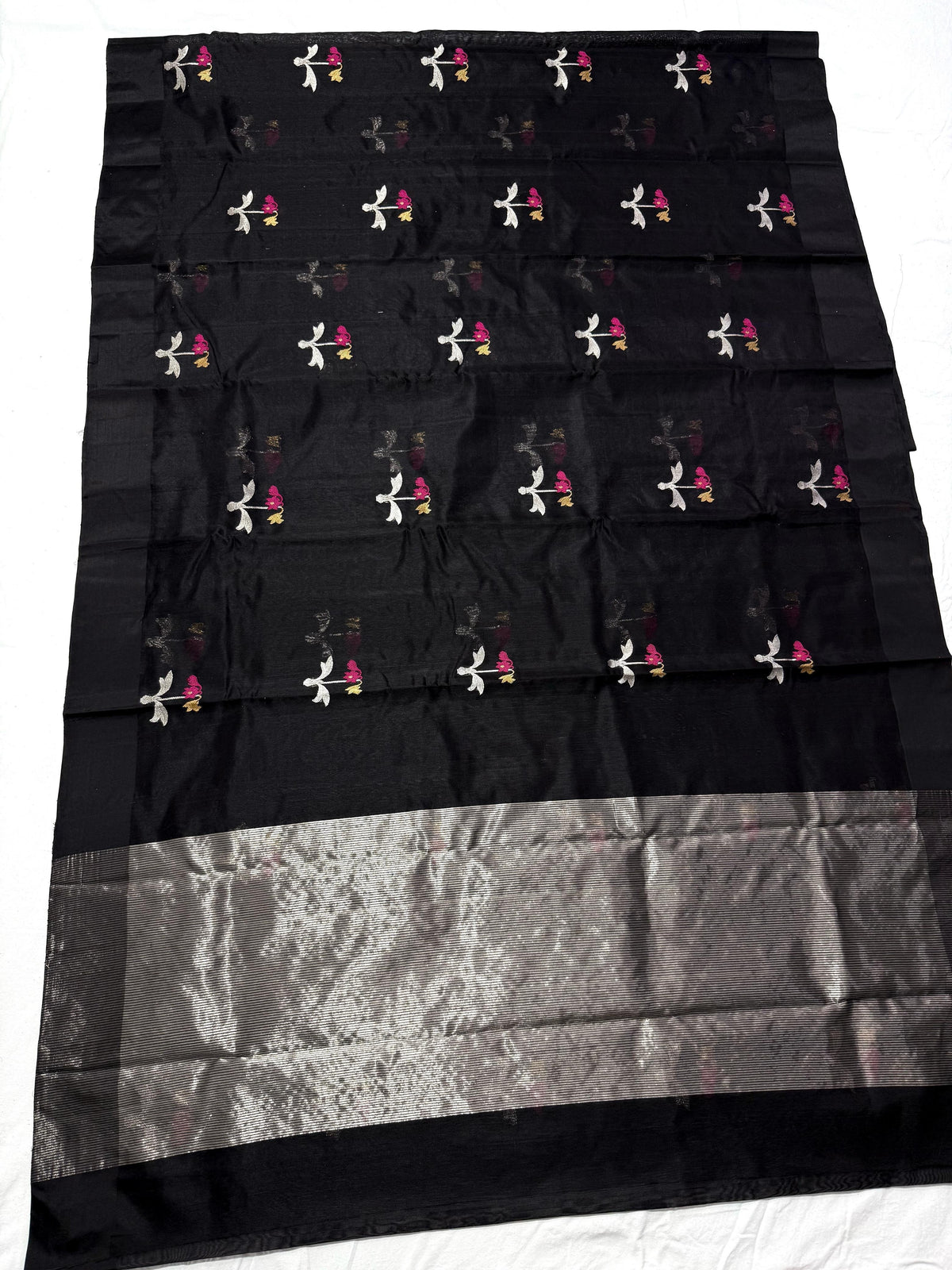 Black Chanderi saree with fuchsia floral motifs