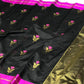 Black Pattu Silk Chanderi saree with a bright fuchsia pink border
