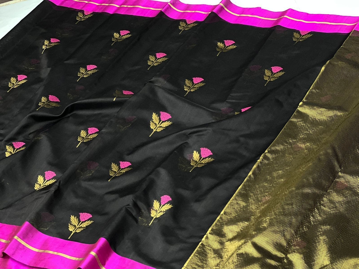Black Pattu Silk Chanderi saree with a bright fuchsia pink border