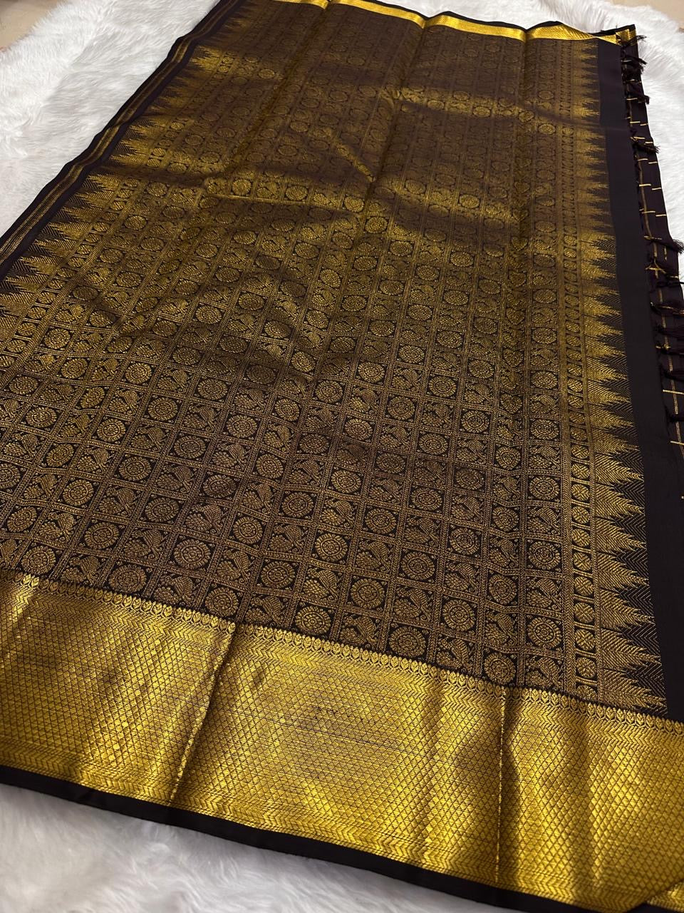 Black Zari Checks Kanchipuram Silk Saree with Gold Pallu