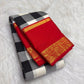 Black, Grey and Ivory pure silk KanchiPattu saree, Kanchi Kattam weave with Pillar-Box Red border — full drape view