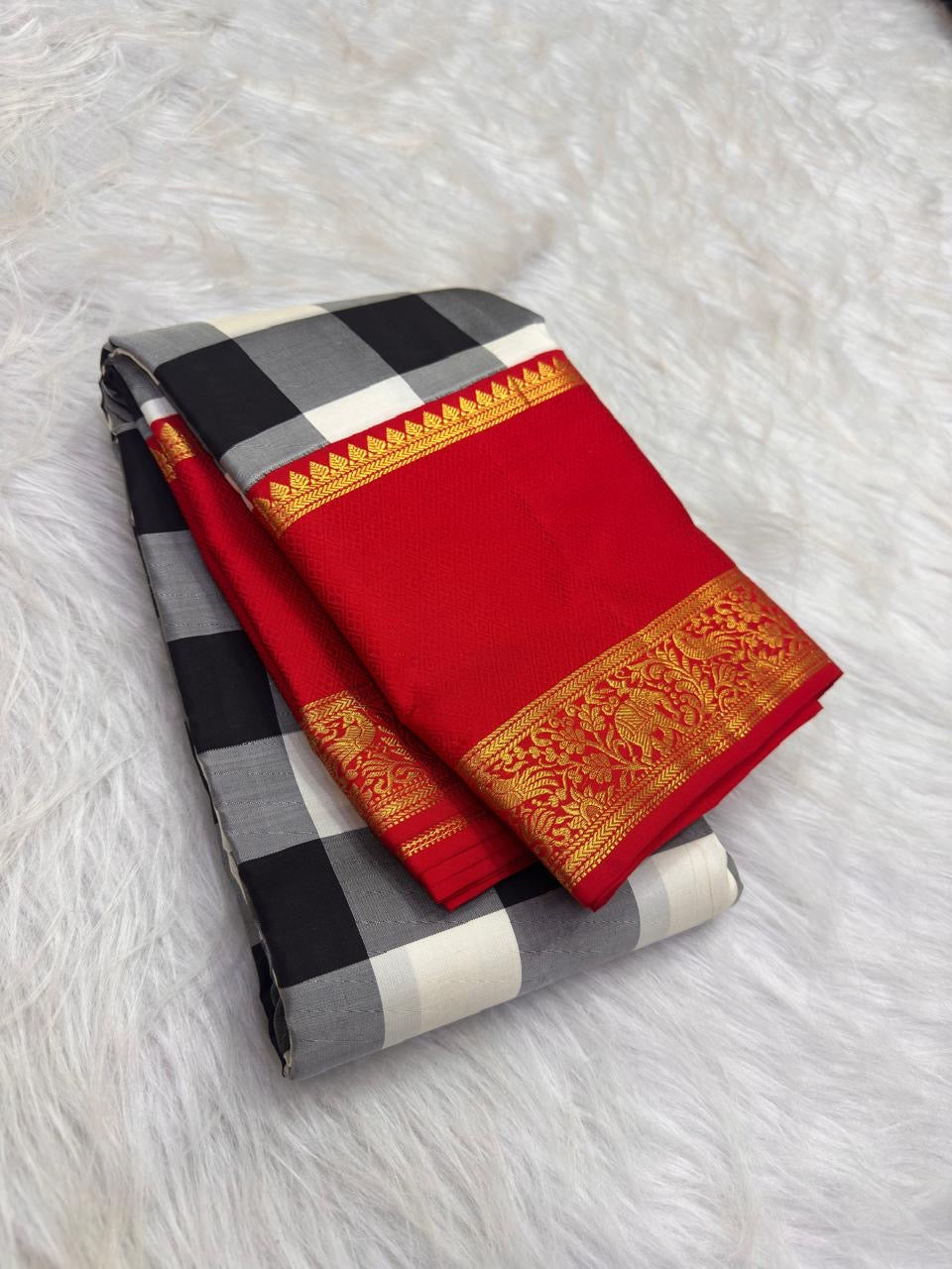 Black, Grey and Ivory pure silk KanchiPattu saree, Kanchi Kattam weave with Pillar-Box Red border — full drape view