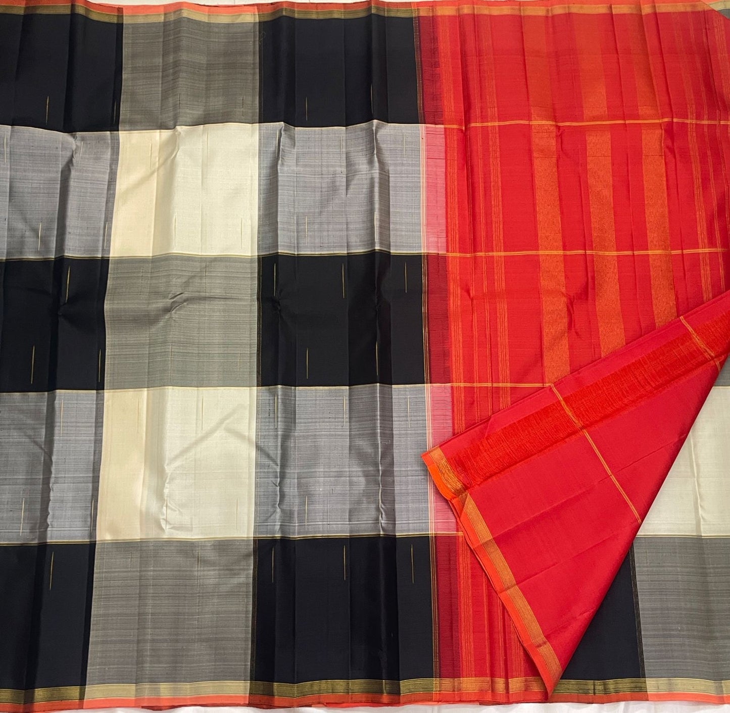 Black Silver Grey and Warm Ivory Handwoven Pure Silk Kanchipuram Paalum Pazhamum Saree