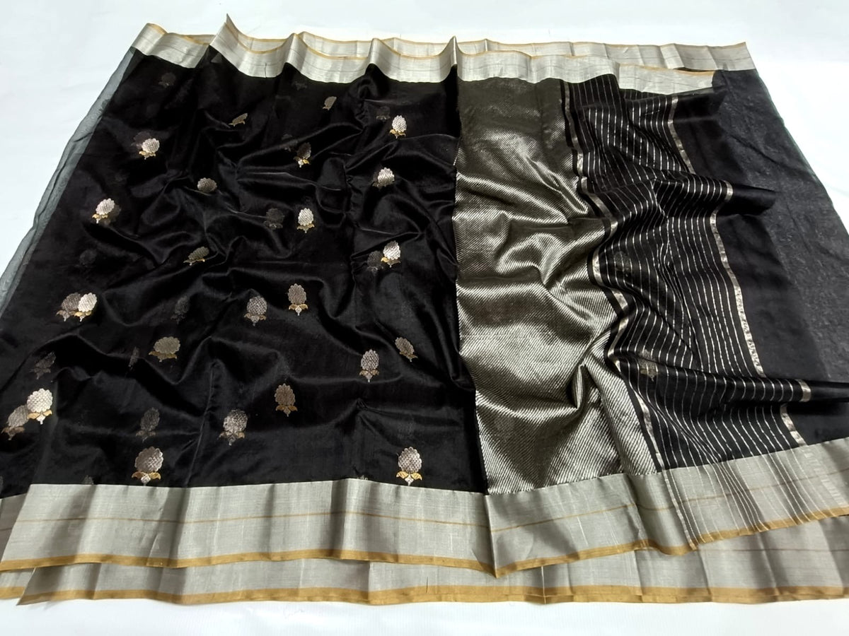 Handwoven black Chanderi saree with delicate floral-bud motifs