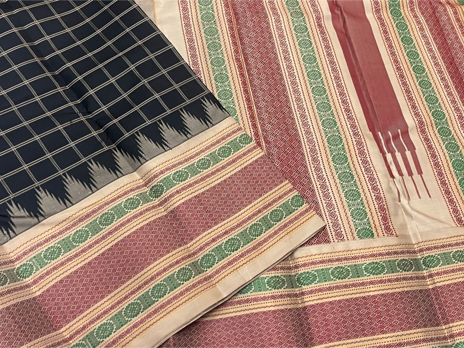 Zari kattam gold zari grid weave on deep black Kancheepuram pure silk saree — Idam Living