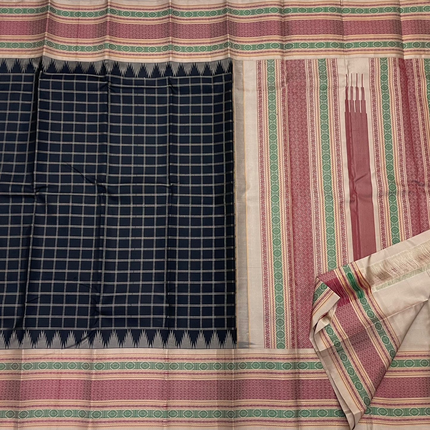 Multi-colour pattupet border in cream crimson and sage green on black Kanchipuram pure silk saree — Idam Living