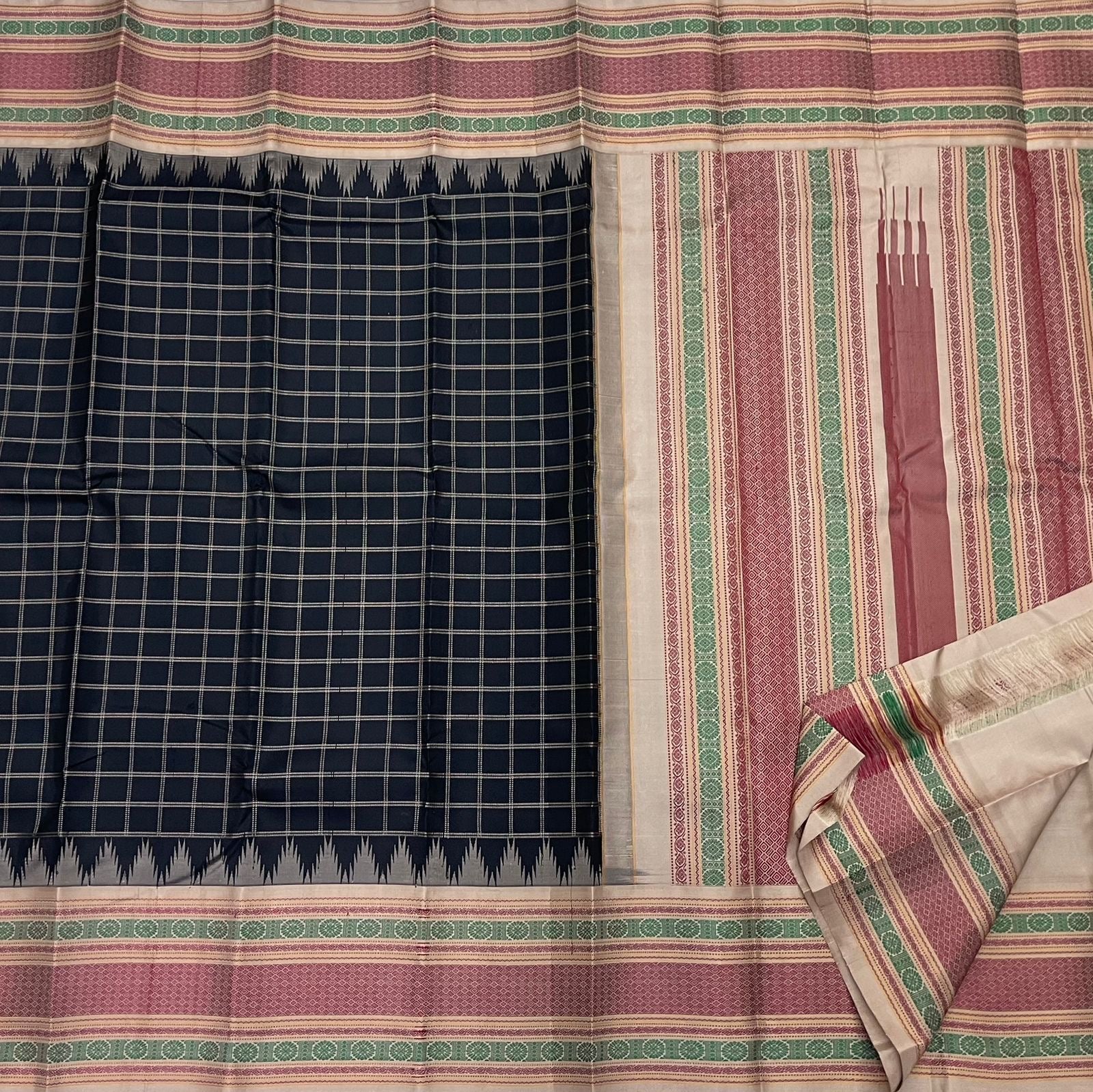 Multi-colour pattupet border in cream crimson and sage green on black Kanchipuram pure silk saree — Idam Living
