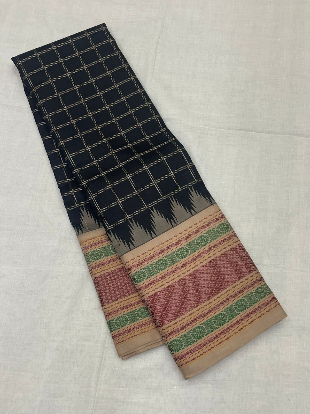 Cream and multi-colour pattupet pallu on black handwoven Kanchipuram pure silk saree — Idam Living