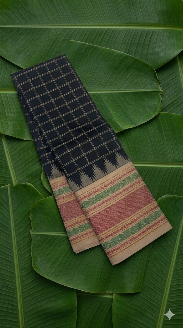 Black handwoven Kanchipuram pure silk saree with zari kattam body and multi-colour pattupet border on banana leaf — Idam Living