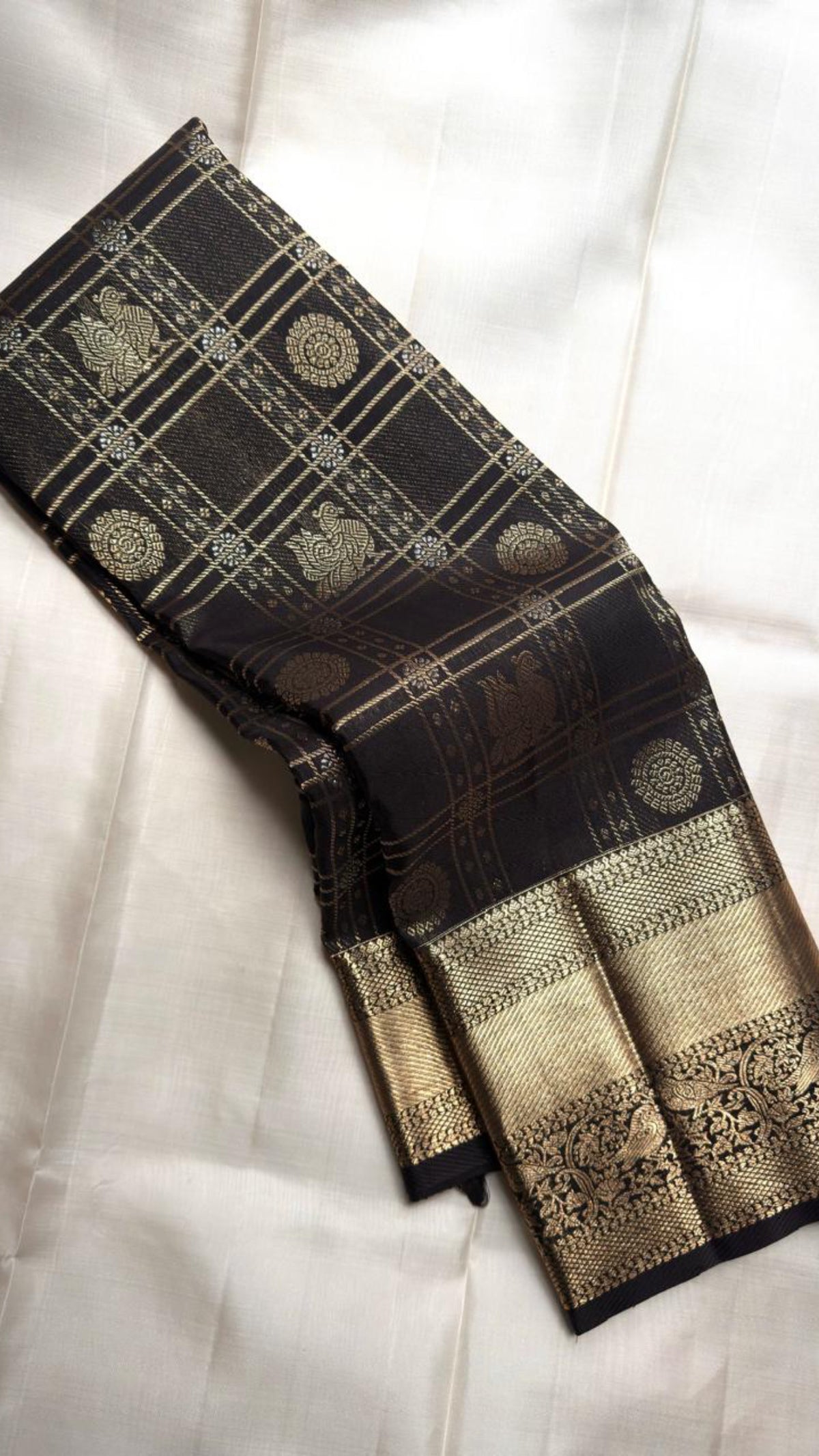 Black Handwoven Pure Silk Kanchipuram Zari Kattam Saree with Rich Gold Border – front full drape view