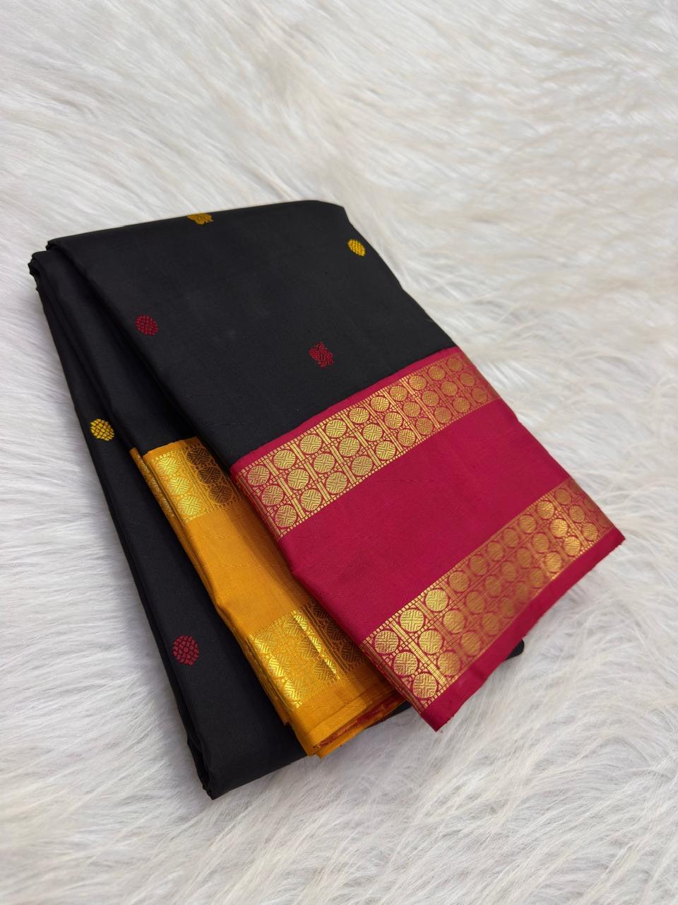 Black Kanjeevaram silk saree body with Mayil Chakram butta detail - Idam Living