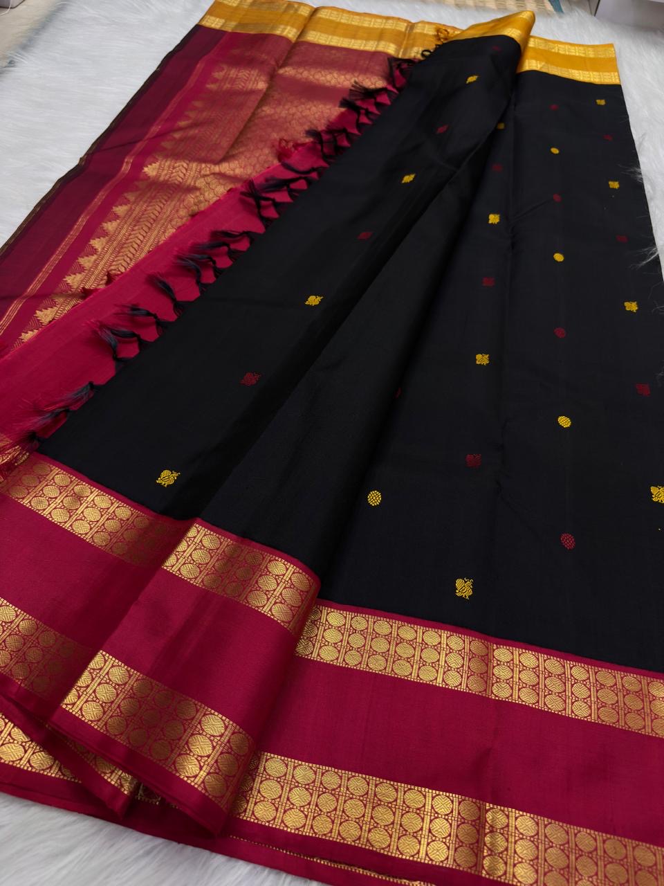 Black Pure Silk Kanjeevaram Rettapet saree with Mayil Chakram buttas - Idam Living